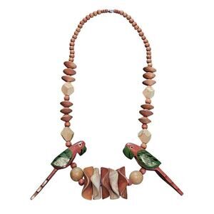 Vintage Wood Parrot Necklace 13" Brown Red Beaded Chunky Birds Retro Indie Boho